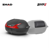 Motorcycle luggage box with SHAD branding on a white background