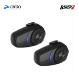 Two black motorcycle communication devices with Sena branding on a white background, featuring Cardo and Bikerz logos.