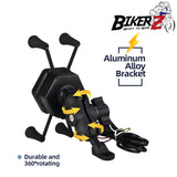 A black motorcycle phone holder with aluminum alloy bracket, featuring a rotating base and capable of charging wirelessly. It has a cable attached and is advertised as durable and with 360 rotating capability.