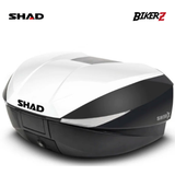 Black and white motorcycle storage box with SHAD branding on a white background