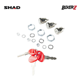 Motorcycle key and lock components with SHAD and BikerZ branding on a white background