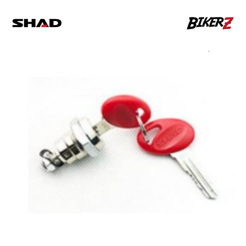 Two keys with red covers and a keychain on a white background, featuring SHAD and BikerZ logos.