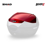 Red and white SHAD helmet on a white background with SHAD and BikerZ logos.