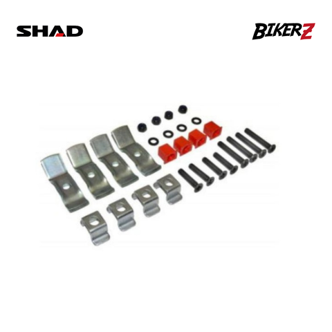 Mechanical parts including brackets and bolts on a white background with SHAD and BikerZ branding.