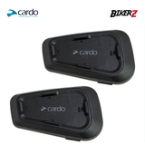 Two black cardo motorcycle communication devices on a white background with cardo and BikerZ logos.