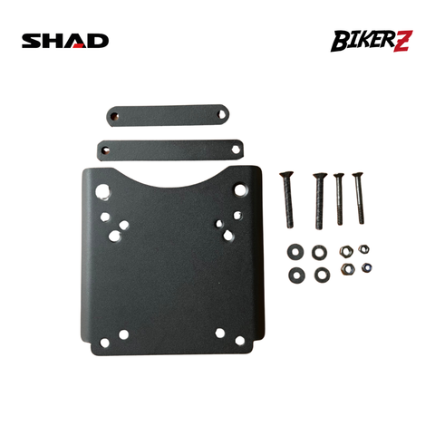 Black metal plate with screws and washers on a white background, featuring SHAD and Bikerz logos.